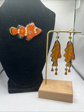 Designs From The Deep decoupage Orange Fish Dangle Earrings & Brooch